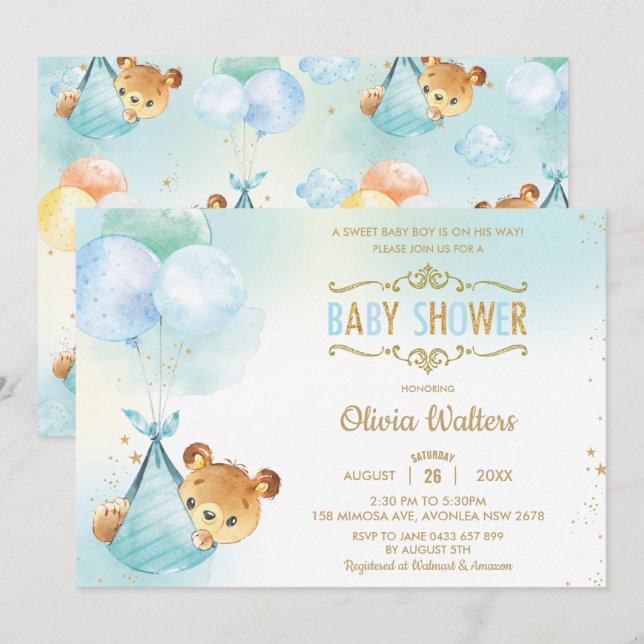 Invitación Whimsical Teddy Bear Globos Baby Shower Boy (Anverso / Reverso)