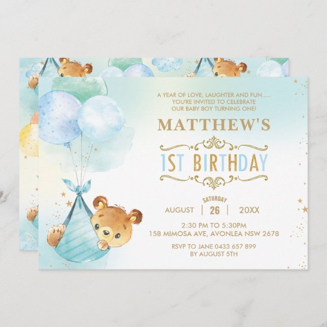Invitación Whimsical Teddy Bear Globos Fiesta de cumpleaños 1 (Anverso / Reverso)