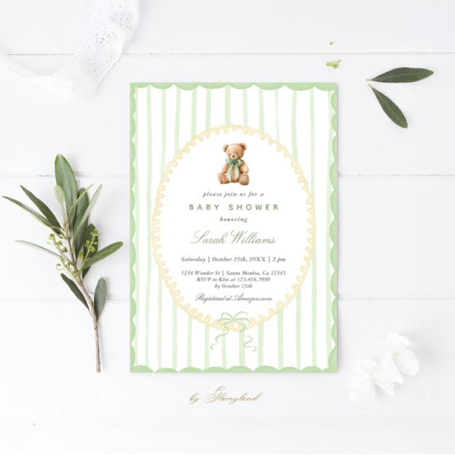 Invitación Whimsical Teddy Bear Sage Baby Shower Boy (Subido por el creador)
