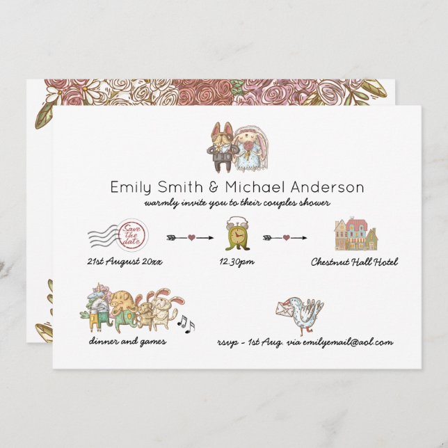 Invitación Whimsical Timeline Watercolor Animal Briower (Anverso / Reverso)