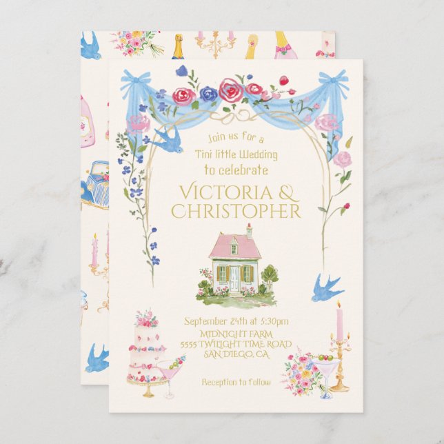 Invitación Whimsical Tini little Wedding cottage (Anverso / Reverso)