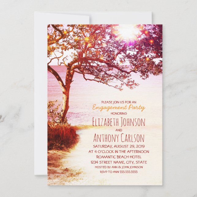 Invitación Whimsical Tree Sunset Beach Engagement Party (Anverso)