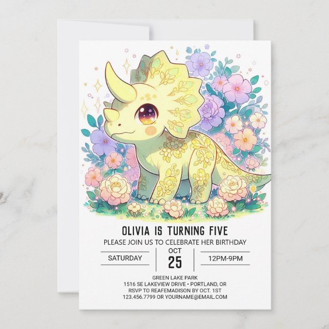 Invitación Whimsical Triceratops Dinosaur Cumpleaños Digital (Anverso)
