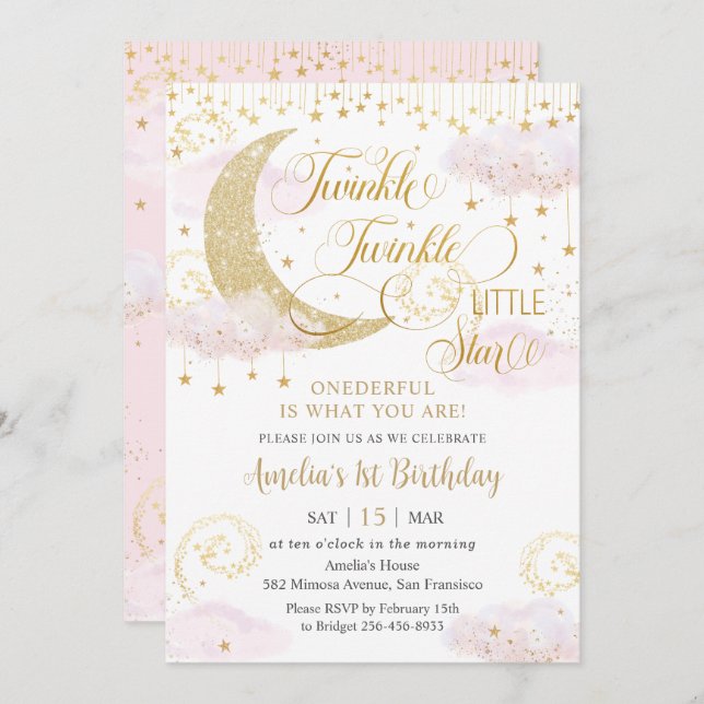 Invitación Whimsical Twinkle Little Star Pink 1er cumpleaños (Anverso / Reverso)