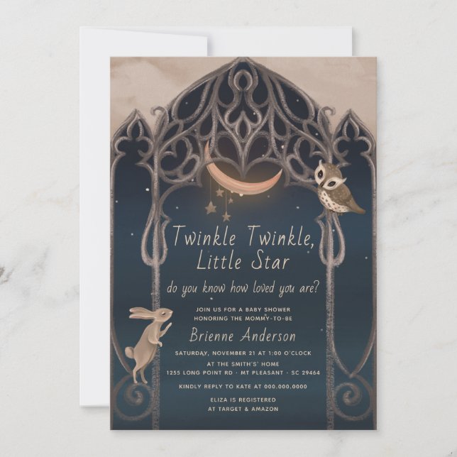 Invitación Whimsical Twinkle Little Star Rustic Baby Shower (Anverso)