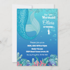 Invitación Whimsical Under the Sea Mermaid chica 1° cumpleaño