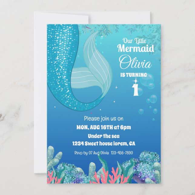 Invitación Whimsical Under the Sea Mermaid chica 1° cumpleaño (Anverso)