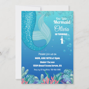 Invitación Whimsical Under the Sea Mermaid chica 1° cumpleaño