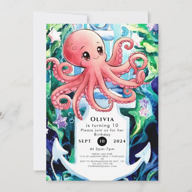 Invitación Whimsical Under the Sea Octopus Birthday (Anverso)
