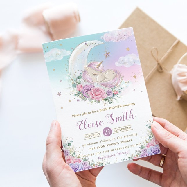 Invitación Whimsical Unicorn Moon Purple Floral Baby Shower (Subido por el creador)