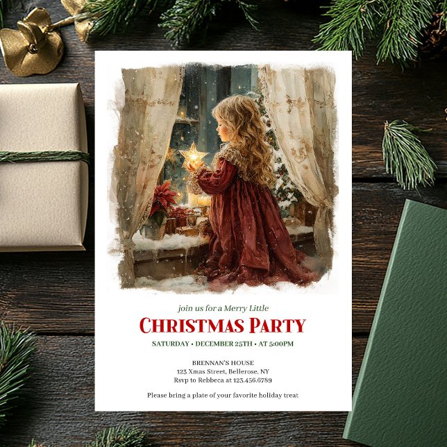 Invitación Whimsical Victorian Little Girl Awaiting Santa  (Whimsical Victorian Little Girl Awaiting Santa Printable Invite)