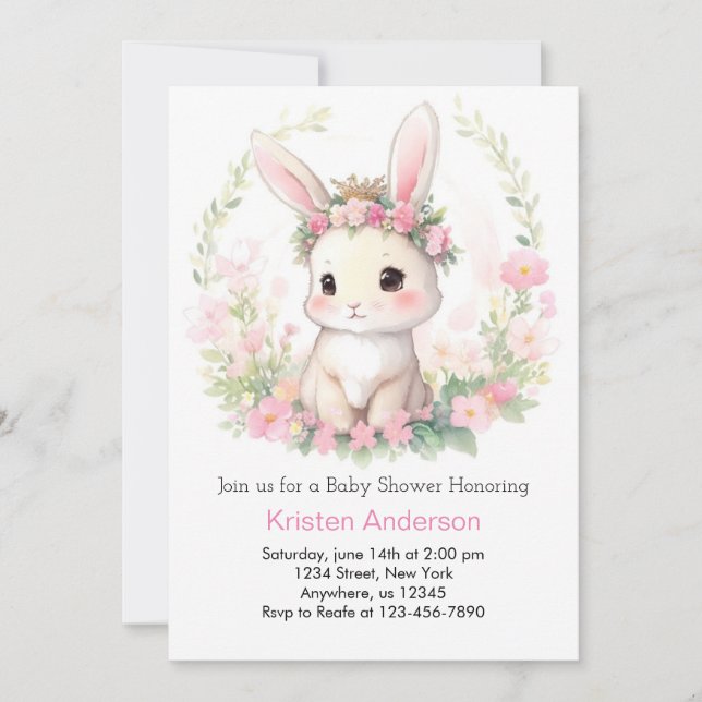 Invitación Whimsical Watercolor Bunny Chica Baby Shower (Anverso)