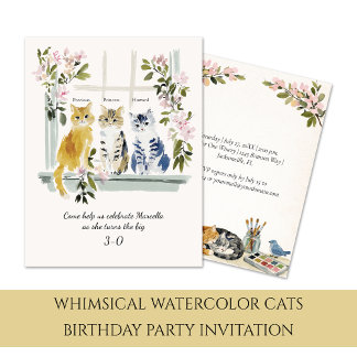 Invitación Whimsical Watercolor Cats Birthday Party |