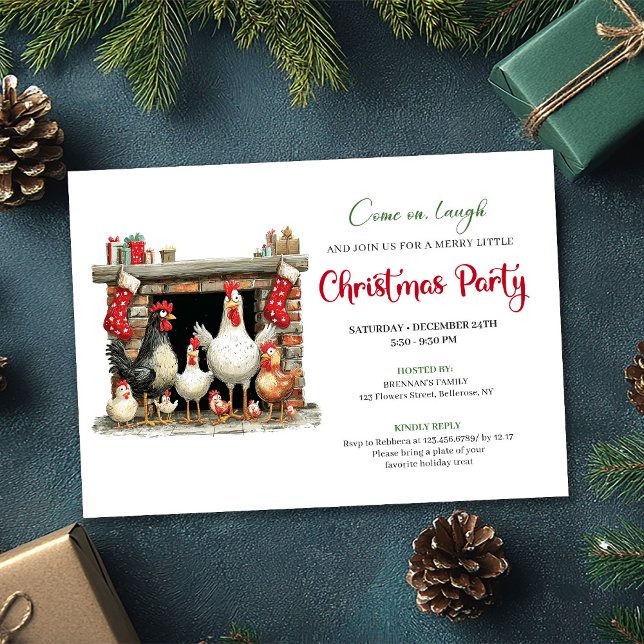 Invitación Whimsical Watercolor Chickens Christmas Party  (Whimsical Watercolor Chickens Christmas Party Invite)