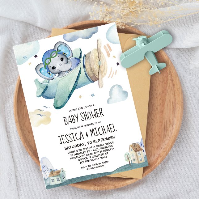 Invitación Whimsical Watercolor Elephane Airplane Baby Shower (Subido por el creador)