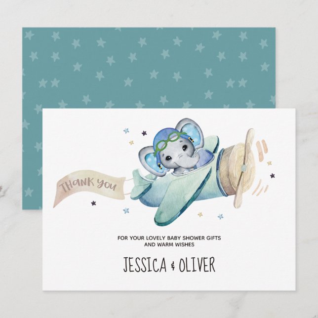 Invitación Whimsical Watercolor Elephane Airplane Gracias (Anverso / Reverso)