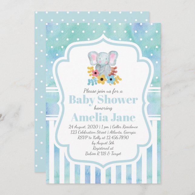 Invitación Whimsical Watercolor Elephant Boy Baby Shower (Anverso / Reverso)