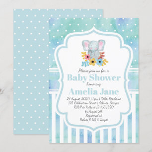 Invitación Whimsical Watercolor Elephant Boy Baby Shower