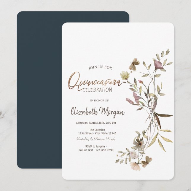 Invitación Whimsical Watercolor Flor silvestre Quinceañera (Anverso / Reverso)