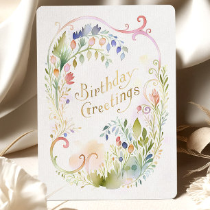 Invitación Whimsical Watercolor Floral Gold Birday Card