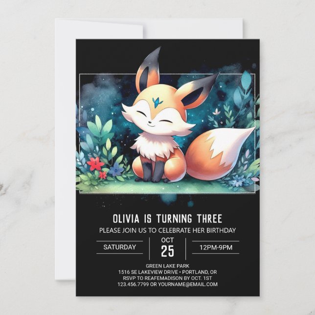 Invitación Whimsical Watercolor Fox Birday digital (Anverso)