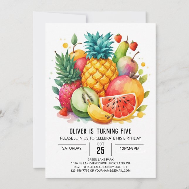 Invitación Whimsical Watercolor Juicy Frutos Cumpleaños (Anverso)
