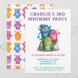 Invitación Whimsical Watercolor Monsters de la fiesta de cump