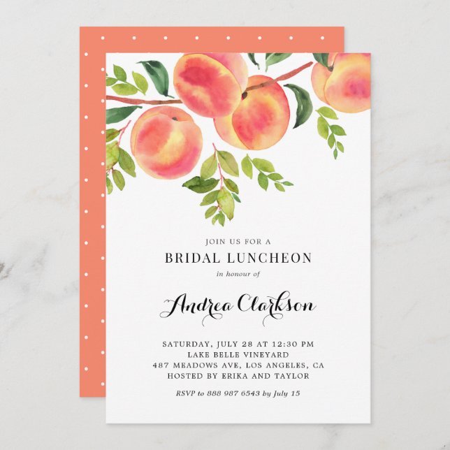 Invitación Whimsical Watercolor Peaches Bridal Luncheon (Anverso / Reverso)