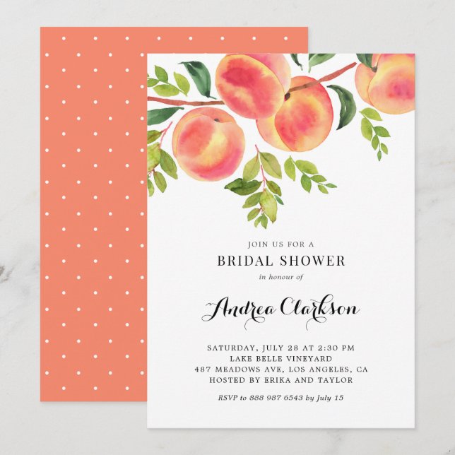 Invitación Whimsical Watercolor Peaches Verano Brillante Duch (Anverso / Reverso)