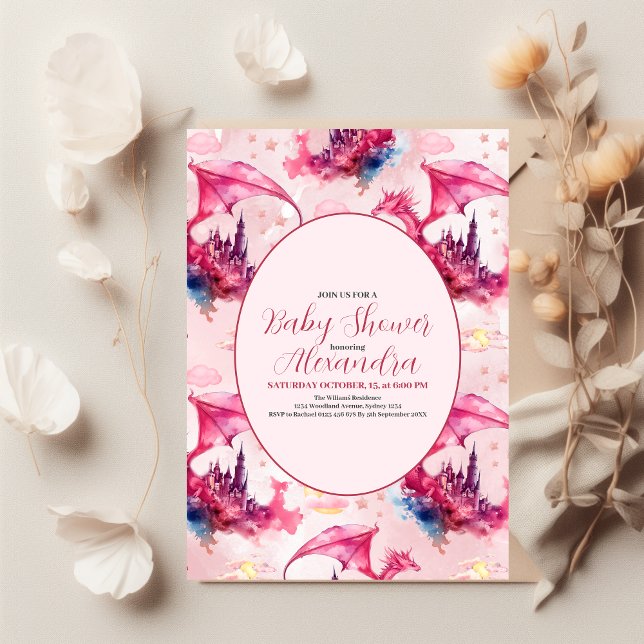 Invitación Whimsical Watercolor Pink Dragon Baby Shower (Subido por el creador)