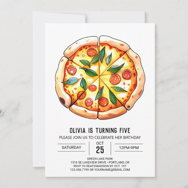 Invitación Whimsical Watercolor Pizza Cumpleaños (Anverso)
