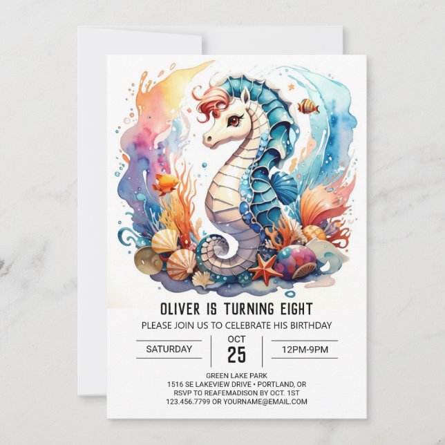 Invitación Whimsical Waters Seahorse Cumpleaños (Anverso)