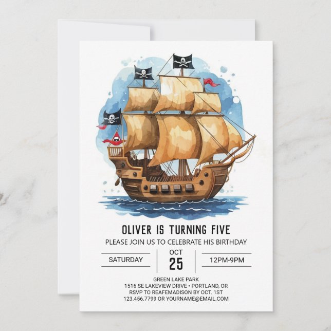 Invitación Whimsical Waves Matey Pirate Cumpleaños (Anverso)