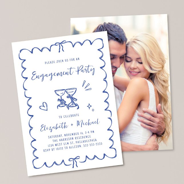 Invitación Whimsical Wavy Frame Blue Photo Engagement Party (Subido por el creador)