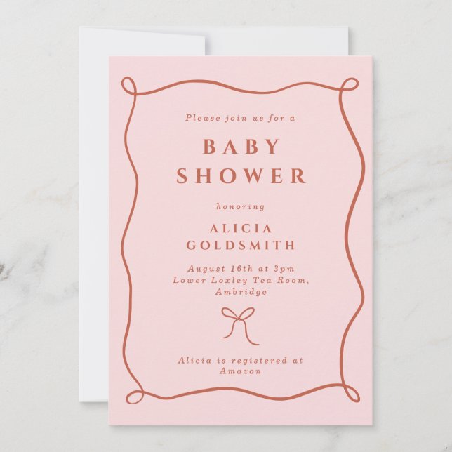 Invitación Whimsical Wavy Frame & Bow Pink Baby Shower (Anverso)