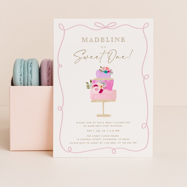 Invitación Whimsical Wavy Frame Pink Cake First Birthday  (Subido por el creador)