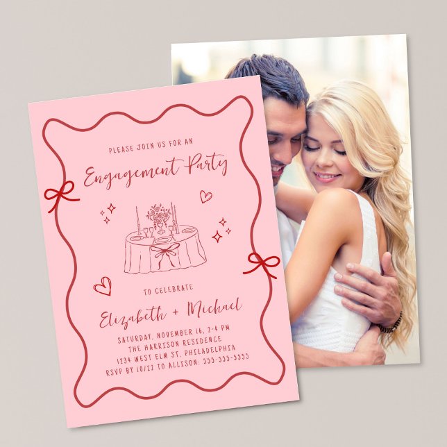 Invitación Whimsical Wavy Frame Pink Photo Engagement Party (Subido por el creador)