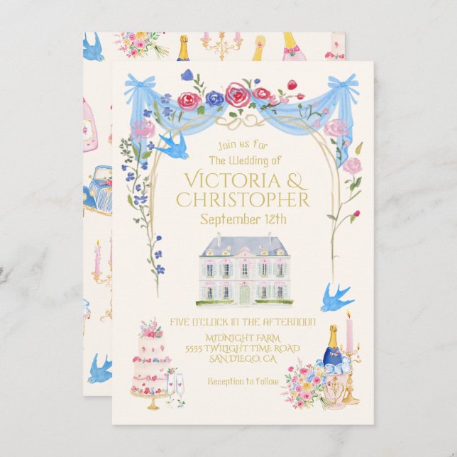 Invitación Whimsical Wedding Chateau Mansion (Anverso / Reverso)