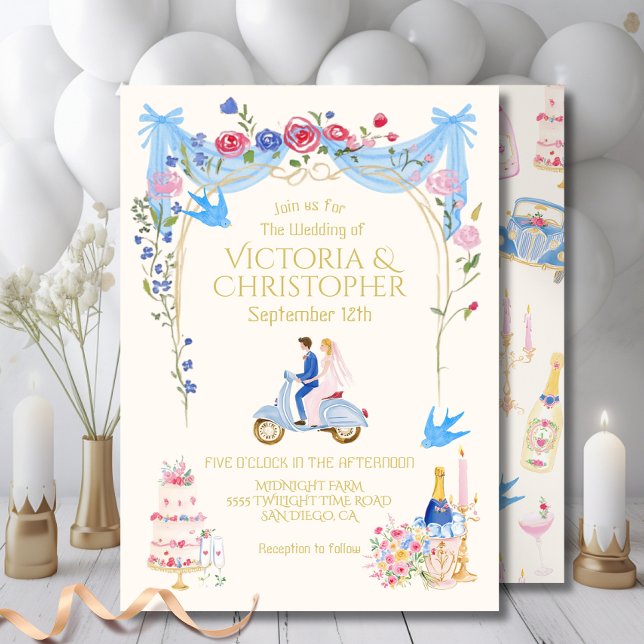 Invitación Whimsical Wedding Couple Italian scooter (Subido por el creador)