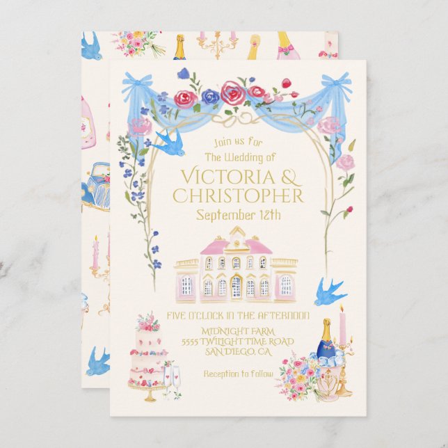 Invitación Whimsical Wedding French Chateau Mansion (Anverso / Reverso)