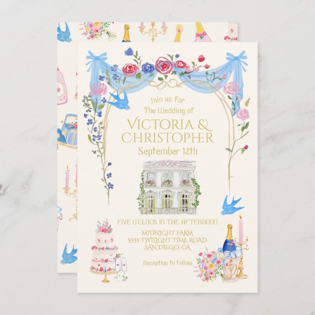 Invitación Whimsical Wedding French Chateau Mansion (Anverso / Reverso)