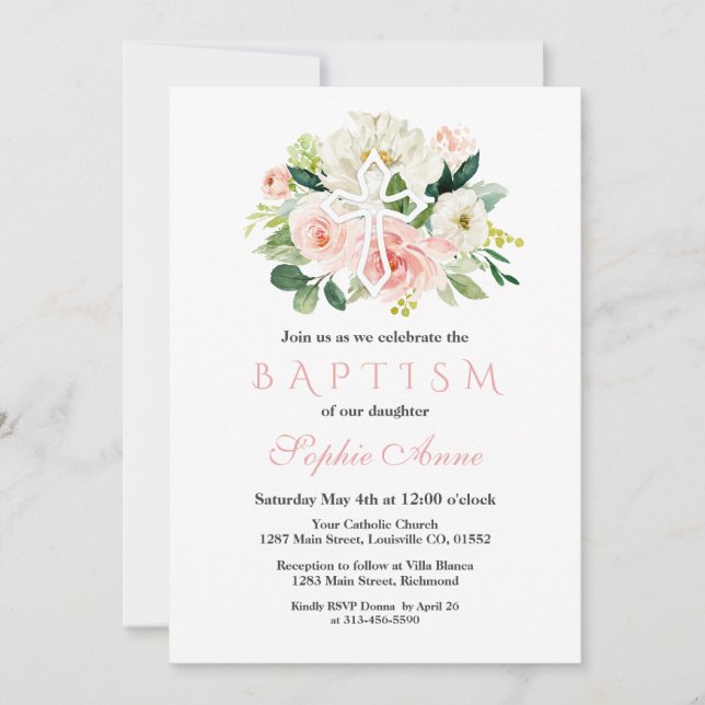 Invitación Whimsical White Pink Floral White Cross Baptism (Anverso)