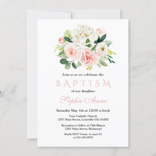Invitación Whimsical White Pink Floral White Cross Baptism