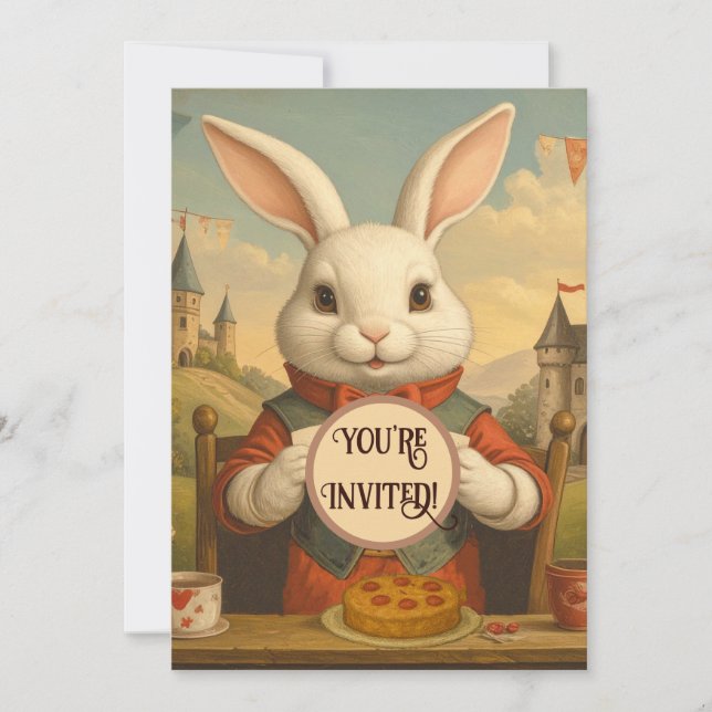 Invitación Whimsical White Rabbit Hearts Enchanted Wonderland (Anverso)