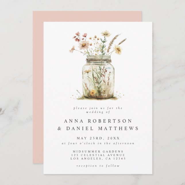 Invitación Whimsical Wildflower Mason Jar Boda (Anverso / Reverso)