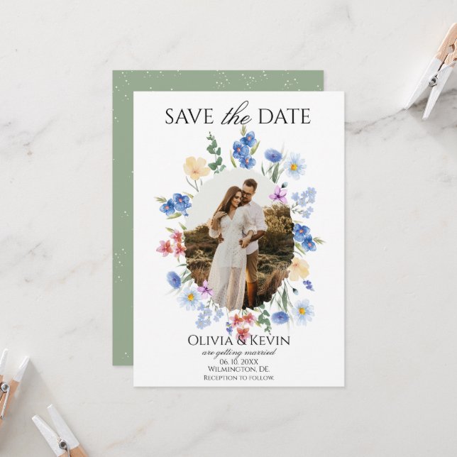 Invitación Whimsical Wildflower Oval Photo Save the Date (Anverso/Reverso In Situ)