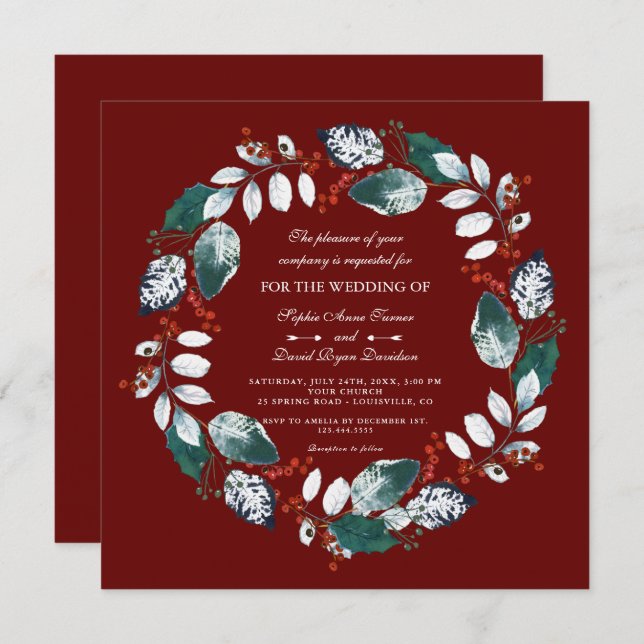 Invitación Whimsical Winter Wreath Burgundy Boda (Anverso / Reverso)