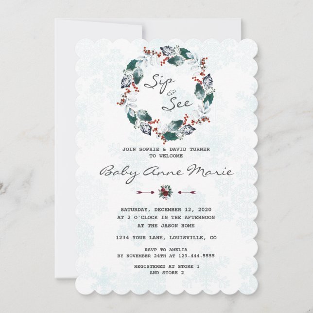 Invitación Whimsical Winter Wreath Sip & See Baby Shower (Anverso)