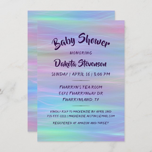 Invitación Whimsical Wisps | Ducha arcoiris Holo Fairy Pastel (Anverso / Reverso)