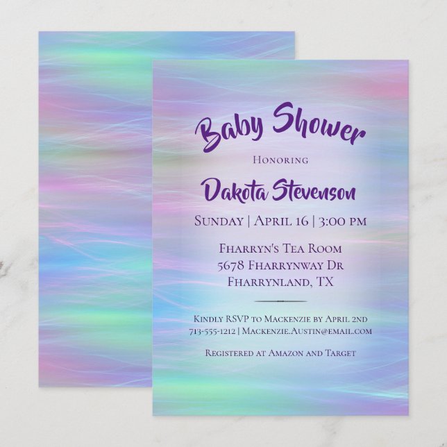 Invitación Whimsical Wisps | Ducha arcoiris Holo Fairy Pastel (Anverso / Reverso)